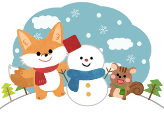 雪だるまと遊ぶキツネとリスのかわいいイラスト