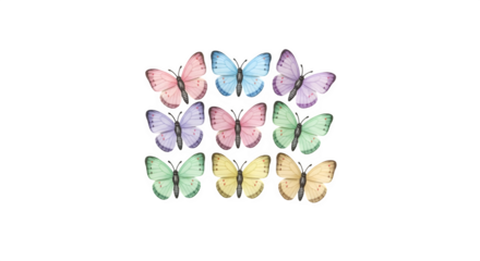 Collection of pastel colored butterflies arranged in rows isolated on transparent background