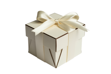 Cream colored gift box with ribbon isolated on transparent background