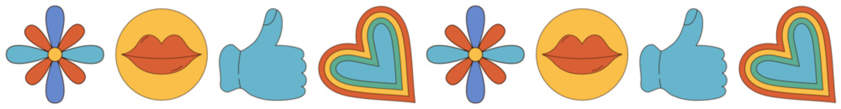 Groovy seamless border in retro flat style pattern. Funky heart emoji and smile face elements give a colorful retro mood. Playful abstract elements create a positive, cool design, ideal for modern