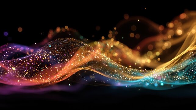 A colorful, abstract wave of particles and light against a black background, with a gradient of colors from red to blue, and a few small, glowing orbs scattered throughout.