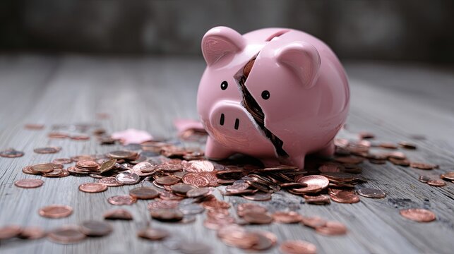 A broken piggy bank spills coins onto a wooden surface, symbolizing financial struggle and the need for savings.