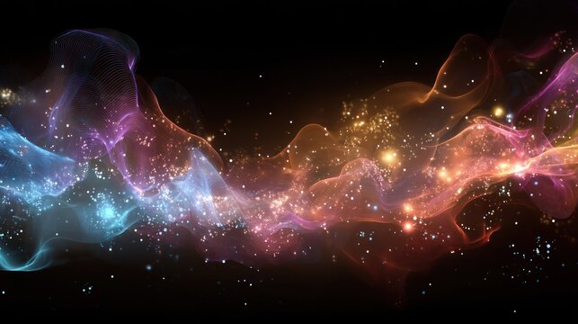 A colorful, ethereal nebula with stars and glowing particles against a dark background, with a gradient of colors from blue to orange and a wavy, flowing texture. - Powered by Adobe