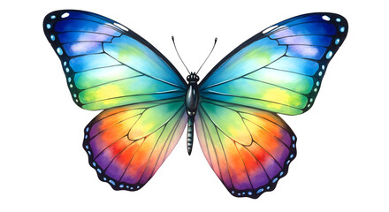 Vibrant rainbow colored butterfly with detailed wings isolated on transparent background