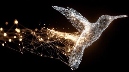 Fototapeta premium A luminous, abstract hummingbird with a sparkling, golden body and wings, flying against a dark, 