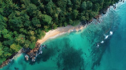 A stunning aerial view of a tropical beach with turquoise waters and lush greenery, featuring a sandy shore and rocky outcroppings.