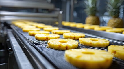 Sliced pineapples are displayed on a conveyor belt in a processing facility, showcasing their vibrant color and uniform shape.