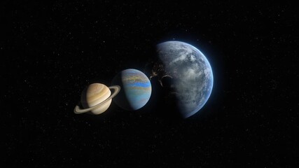 A highly detailed space scene featuring three planets aligned against a star-filled background. The composition includes a ringed gas giant, a blue and gold planet with swirling clouds, and an Earth-l - Powered by Adobe