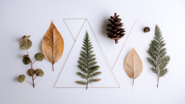 A collection of dried leaves and pine cones arranged in geometric shapes on a white background.