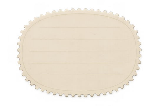 Vintage oval label with perforated edges and lines, blank postage stamp design element for retro communication