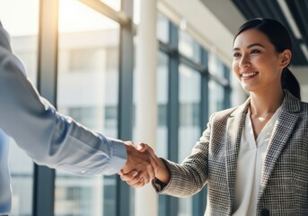 Professional businesswoman smiling and shaking hands with a colleague in modern office setting