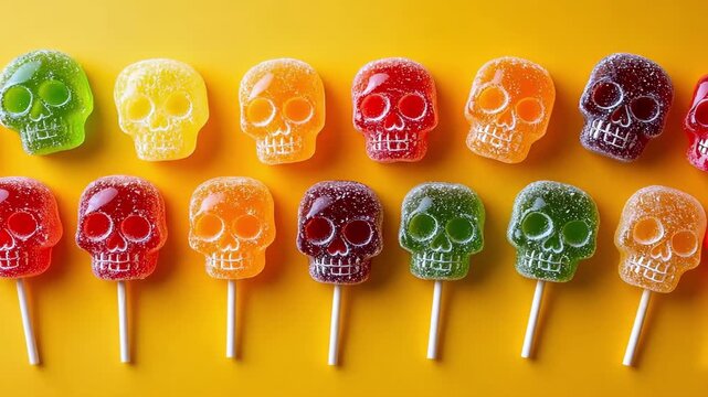 Colorful skull lollipops on bright yellow background. Halloween candy concept.
