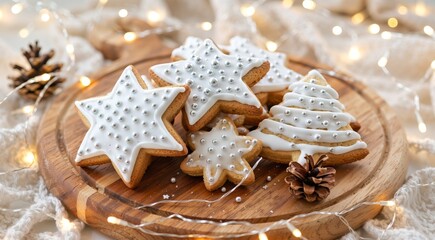 Christmas Star and Bell Cookies with Silver Pearls and Fairy Lights
