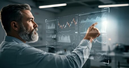 Analyzing Data - A Businessmans Futuristic Interface Interaction. - Powered by Adobe