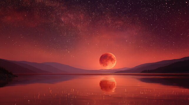 A stunning red and orange sunset over a serene lake with mountains in the background, illuminated by a full moon that appears to be a blood moon, casting a warm glow over the landscape.
