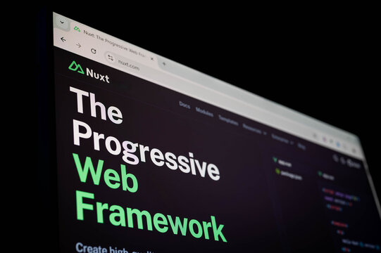 Bangkok, Thailand - November 15th 2025 : Nuxt.js homepage on browser screen, featuring bold text about progressive web framework. Web development frontend technologies.