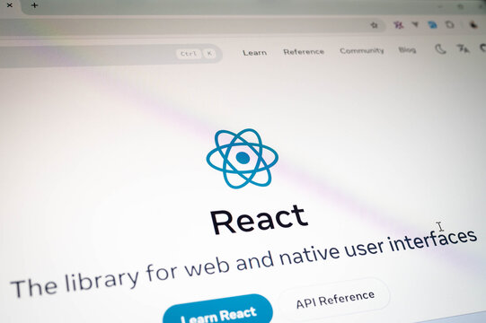 Bangkok, Thailand - November 15th 2025 : React homepage showing its logo and tagline: ."The library for web and native user interfaces." Perfect for web development.