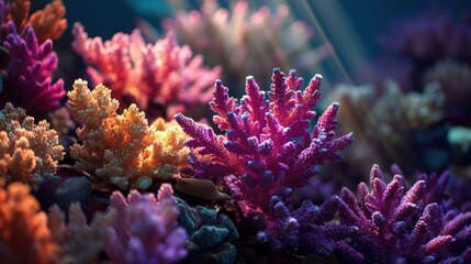 A vibrant underwater coral reef with a variety of colorful corals and marine life, illuminated by soft, diffused lighting, creating a serene and vibrant underwater scene.