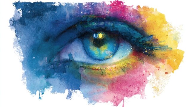 A colorful, abstract depiction of a human eye with a rainbow-like gradient, set against a white background with splashes of blue, yellow, and pink, evoking a sense of creativity and imagination.