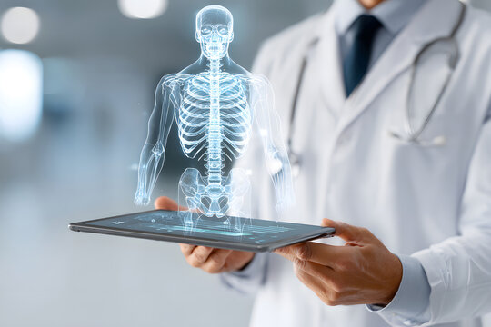 Doctor using tablet to display 3D holographic model of human skeleton in modern medical facility