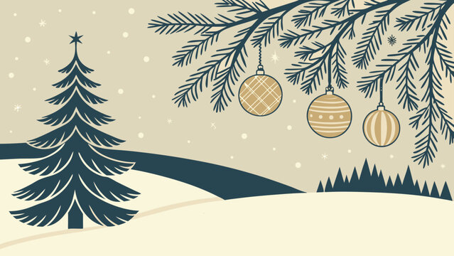 Illustration of a christmas tree with ornaments hanging from a branch in a snowy landscape scene
