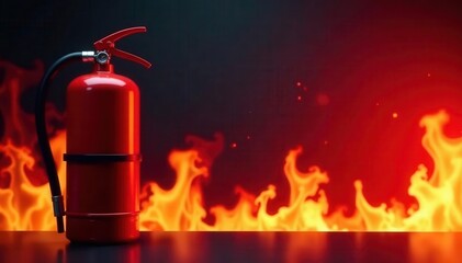Bold red fire safety banner; extinguisher & flames , protection, background