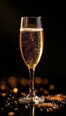 Close-up of bubbly champagne, golden highlights against black , fizz, luxury, drink
