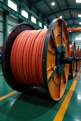 Full shot of large industrial electrical wire reel, power lines, industry