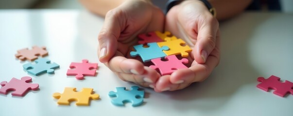 Intertwined hands delicately hold multicolored puzzle pieces on a bright surface , texture, vibrant, abstract