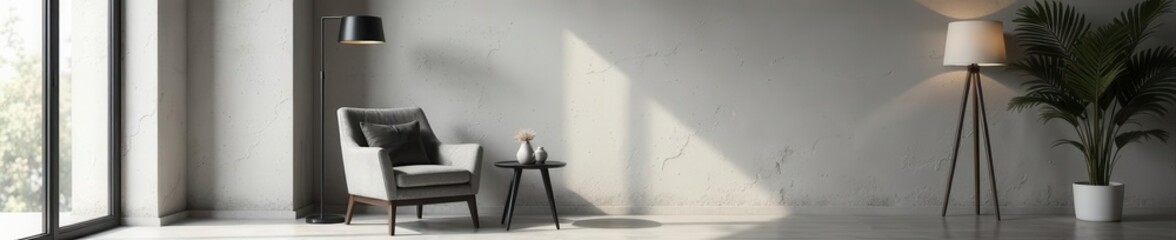 Modern living room, Japandi style, textured wall, gray chair, black lamp, coffee table, neutral palette ,  neutral,  cozy,  decor