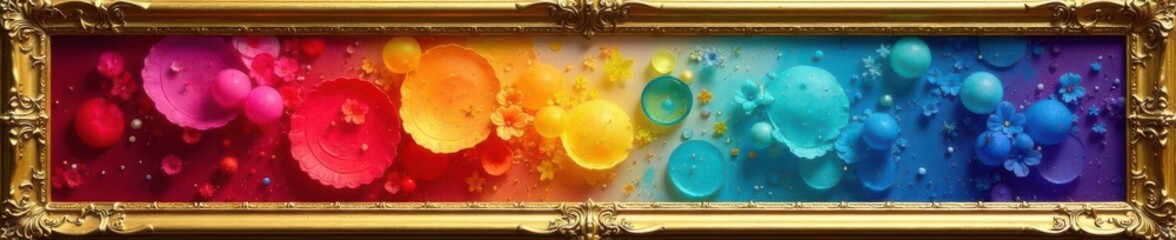 Ornate gold leaf frame encases colorful acrylic, modern art, gold leaf