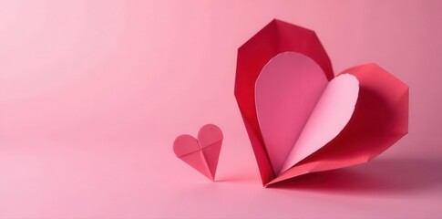 Pink & red origami hearts form large heart; soft pink background, sale, promotion