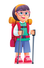 Happy girl hiker wearing glasses, a headband, shorts, and a large backpack, holding trekking poles. Vector cartoon character illustration