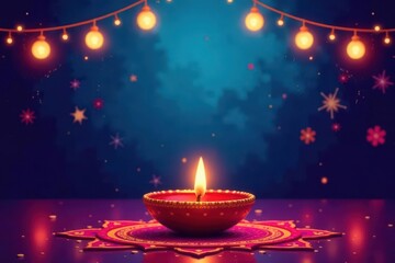Vibrant Diwali mandala with lamps, golden lights Festive blue & magenta background , decorative, element