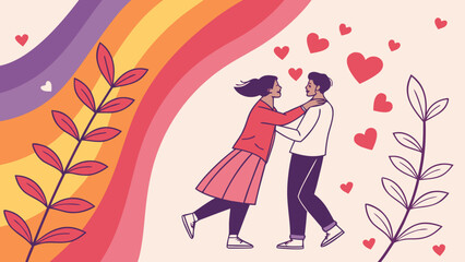Couple embracing with rainbow background and heart shapes and floral elements in a flat design style