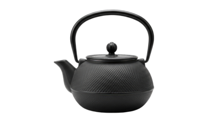 Traditional Black Cast Iron Teapot with Intricate Textured Surface and Curved Handle Isolated on Transparent Background
