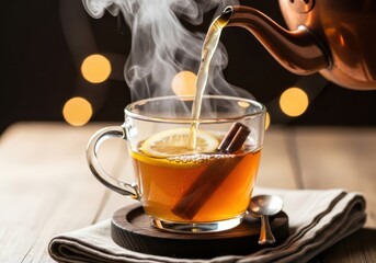 Hot tea being poured into a glass mug with lemon and cinnamon. Hot tea steaming up