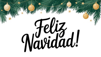 Share joyful wishes with this Feliz Navidad design, perfect for festive greetings and holiday celebrations with elegant evergreen branches and gold ornaments