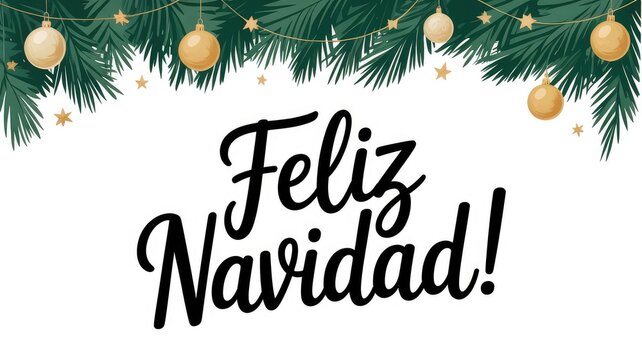 Share joyful wishes with this Feliz Navidad design, perfect for festive greetings and holiday celebrations with elegant evergreen branches and gold ornaments