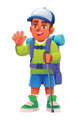 Boy hiker wearing a cap and backpack, waving with one hand and holding a trekking pole. Vector cartoon character illustration