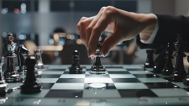 Strategic chess game close-up A hand moves a pawn on a sleek board symbolizing business strategy intellectual challenge and competitive thinking for success