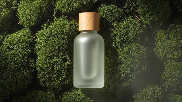 A minimalist frosted glass bottle with a wooden cap on a green moss background. Natural organic cosmetic product mockup for skincare. Eco-friendly and sustainable wellness concept
