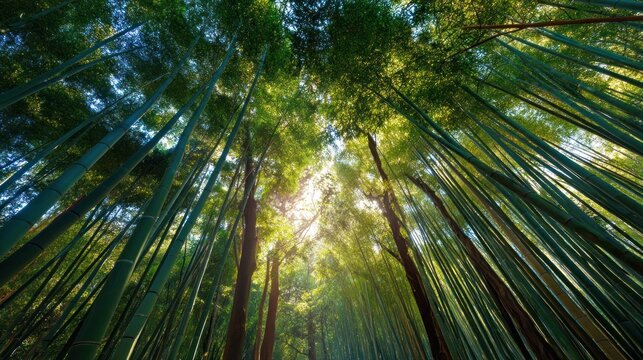 A lush bamboo forest with tall green bamboo stalks reaching towards the sun, creating a canopy of greenery.