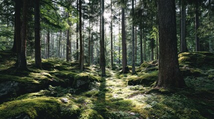 Obraz premium A serene forest scene with tall, slender trees and moss-covered rocks, illuminated by soft sunlight filtering through the canopy.