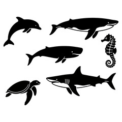 Marine Animals Silhouette Set in Flat Vector Style