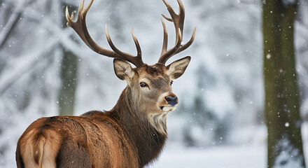 Winter Stag Standing in Silent Snowfall