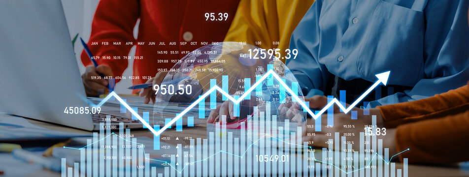 A business team collaborates in a modern office setting, analyzing financial data on a laptop with charts and graphs, emphasizing teamwork and investment growth. Scalp - Powered by Adobe