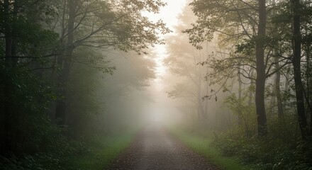 Obraz premium Misty Forest Path with Morning Sunlight