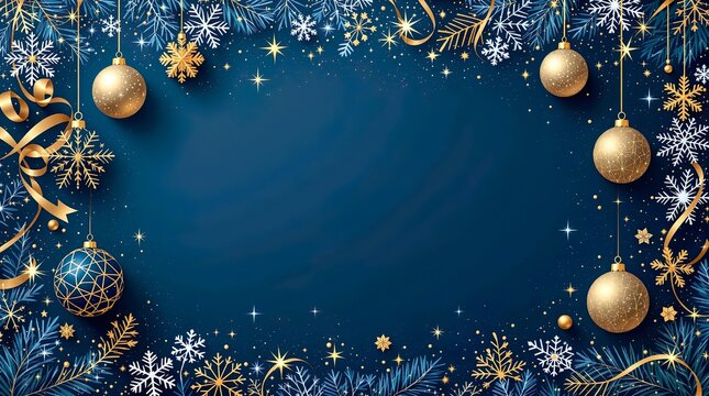 Flat vector illustration showcases Christmas ornaments forming elegant blue and gold frame around wide copyspace