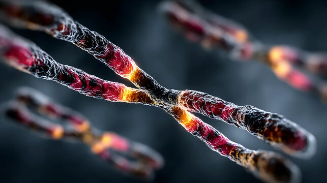 Glowing Chromosome Strands in Detail, Abstract Genetic Structure Visualization, Futuristic Biological DNA Concept